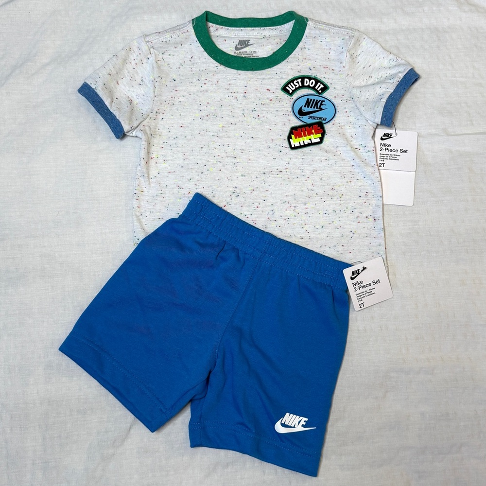 Nike Toddler 2pc Gray Logo T-Shirt and Blue Shorts Set Boys size 2T Sporty NWT